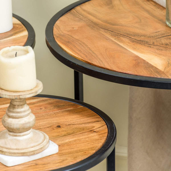 Acacia Wood Side Tables with Metal Base 3 Sizes 'Kaskoo'