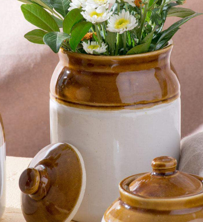 Ceramic Kitchen Storage Jars - Brown & White Set - Mytri Designs