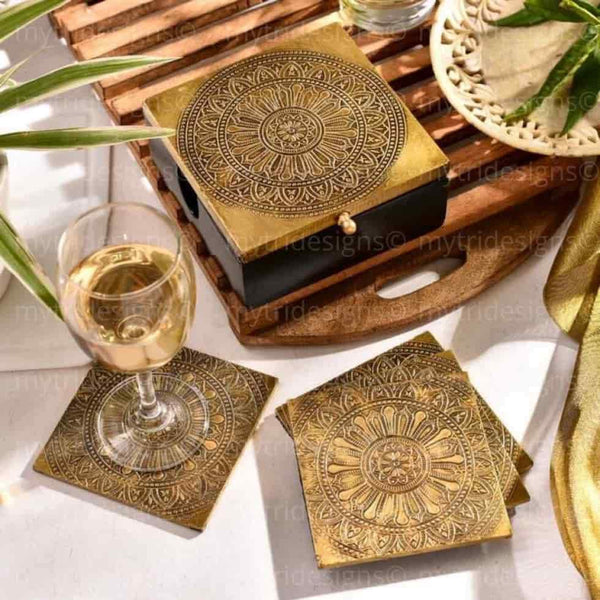 Mandala Wooden Brass Coaster Set With Box