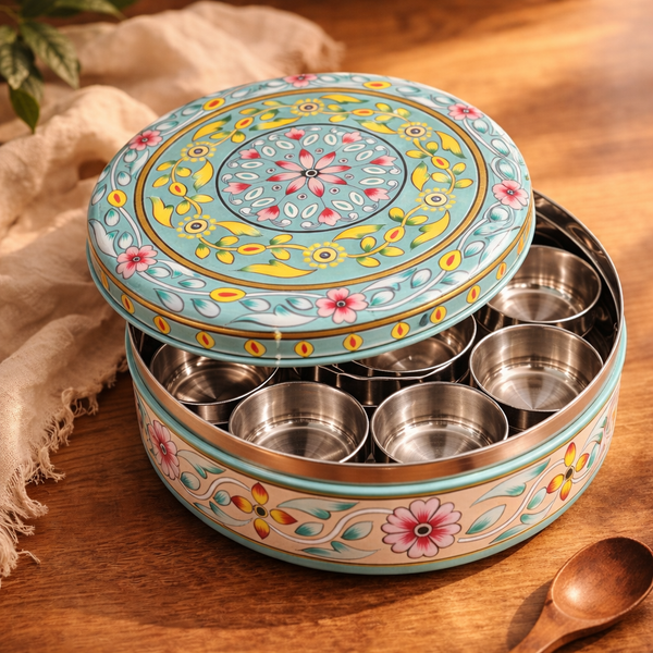 Hand-Painted Luxury Masala Dabba – 7” Stainless Steel Spice Box