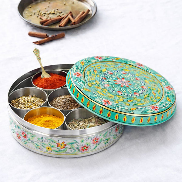 Hand-Painted Luxury Masala Dabba – 7” Stainless Steel Spice Box