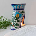 Blue Pottery Oil Burner | White with Floral Design 
