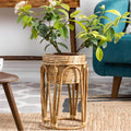 Rattan plant stand with basket and flowers